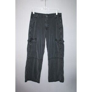 American Eagle Baggy Wide Leg Cargo Pants Size 6 Black Stretch Light Wash Faded